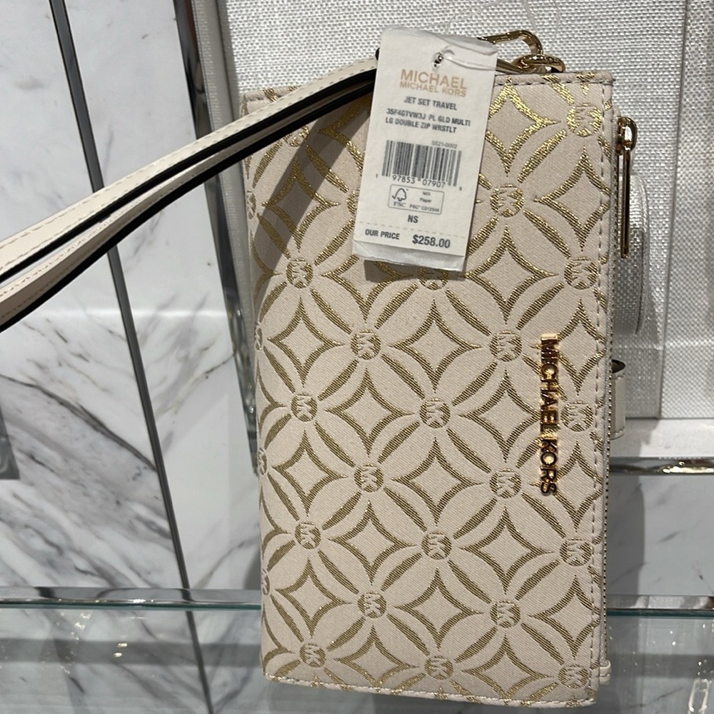 Michael Kors Jet Set Travel Large Double-Zip Wristlet-Wallet-PhoneHolder Pale Gd